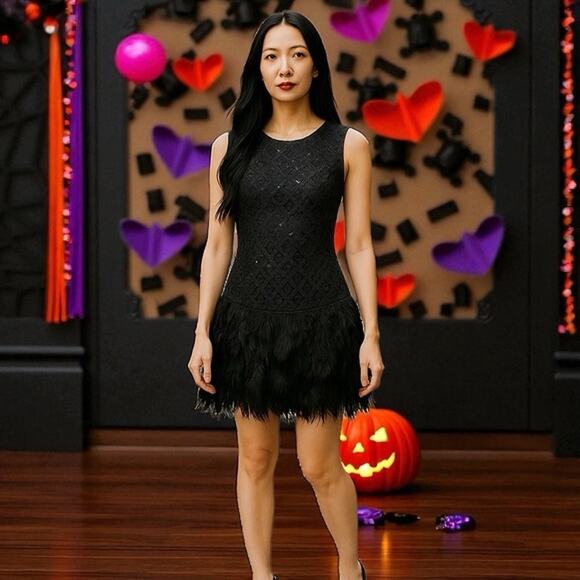 Black Whimsigoth Mini Dress size S Spooky Halloween Sequins Feathers Witch - Picture 14 of 14